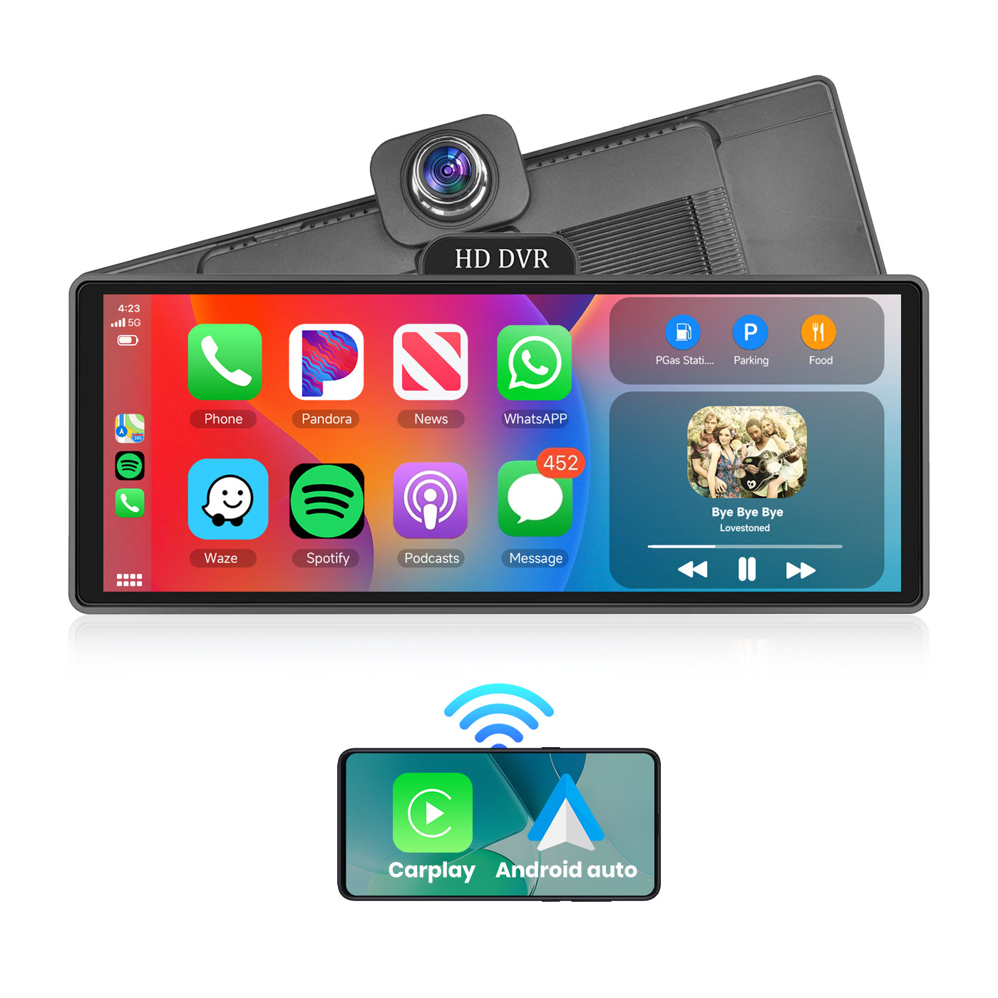 Podofo 10.26 inch Wireless Portable CarPlay Screen with 4K Dash Cam, HD Touchscreen Apple CarPlay Screen Wireless Android Auto, ADAS, GPS Track