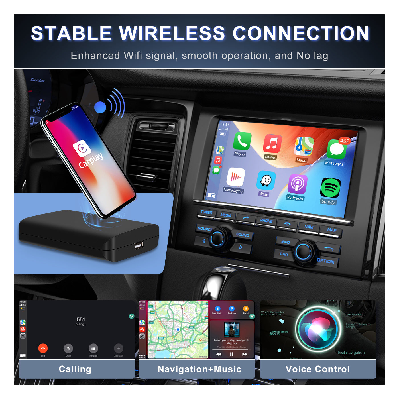 PODOFO 3-in-1 wireless Android Auto/CarPlay Adapter, Additional Androi