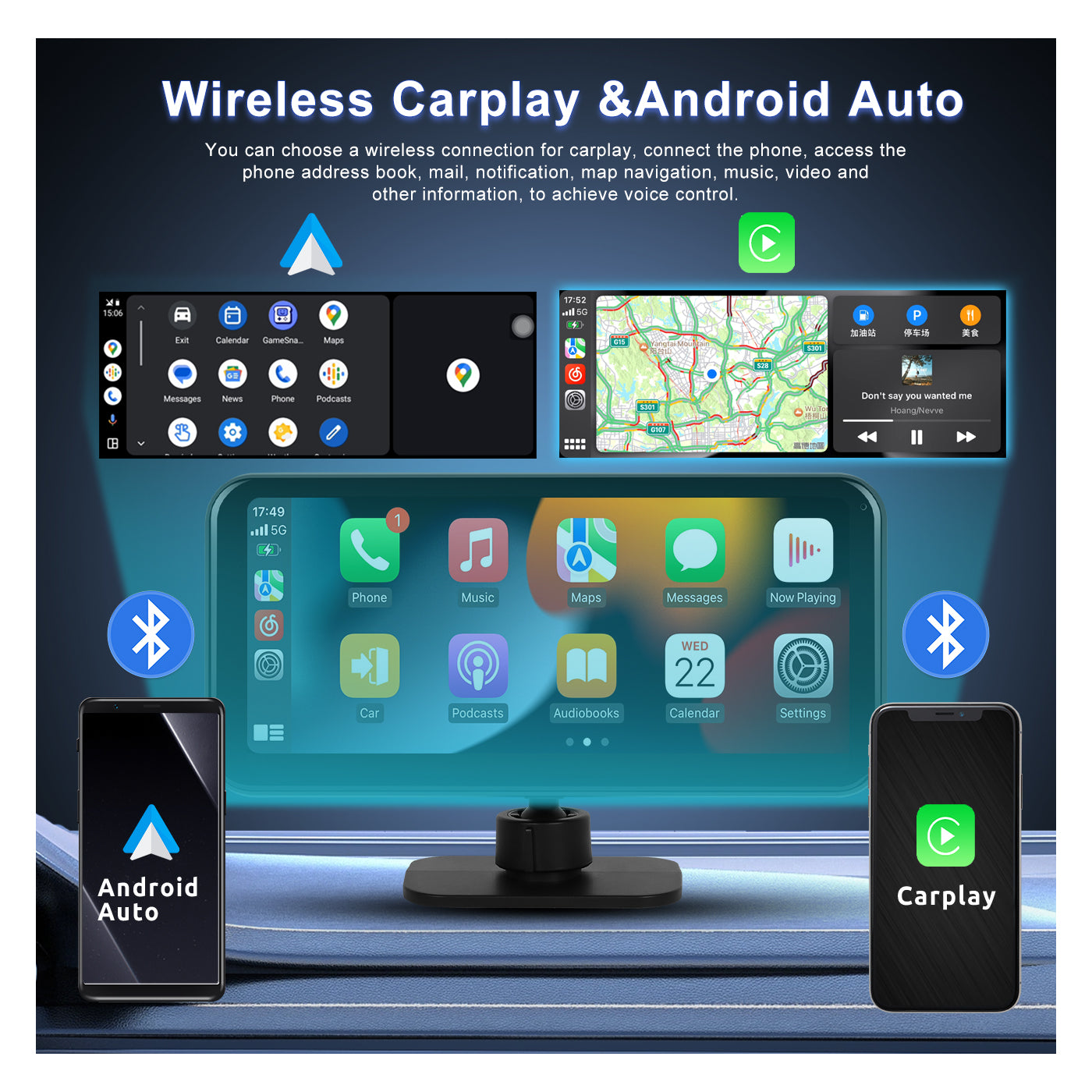 PODOFO 6.25 Inches Wireless CarPlay Android Auto Screen with DVR 4K, S