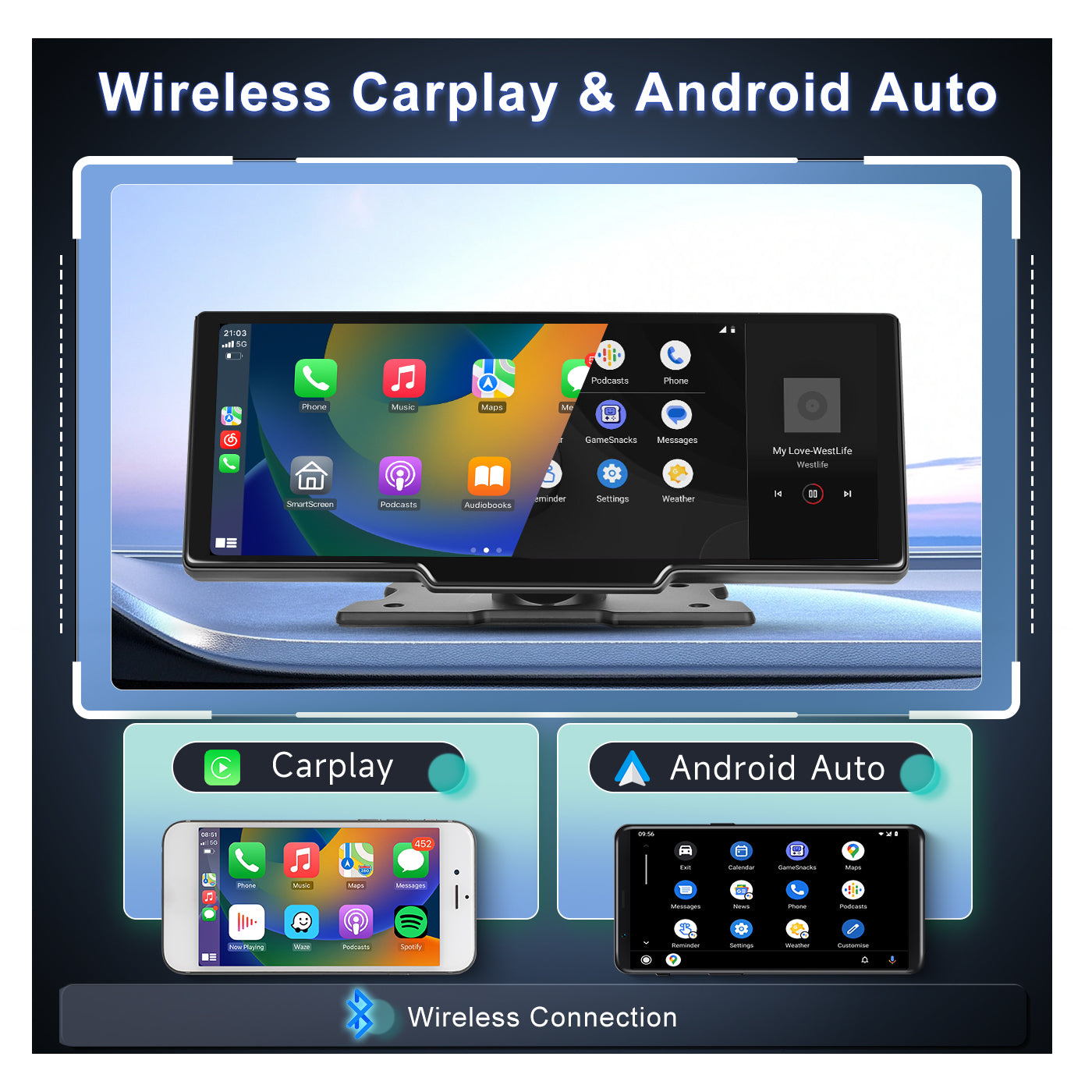 PODOFO 9.3 Portable Wireless Apple CarPlay Android Auto Touch Screen