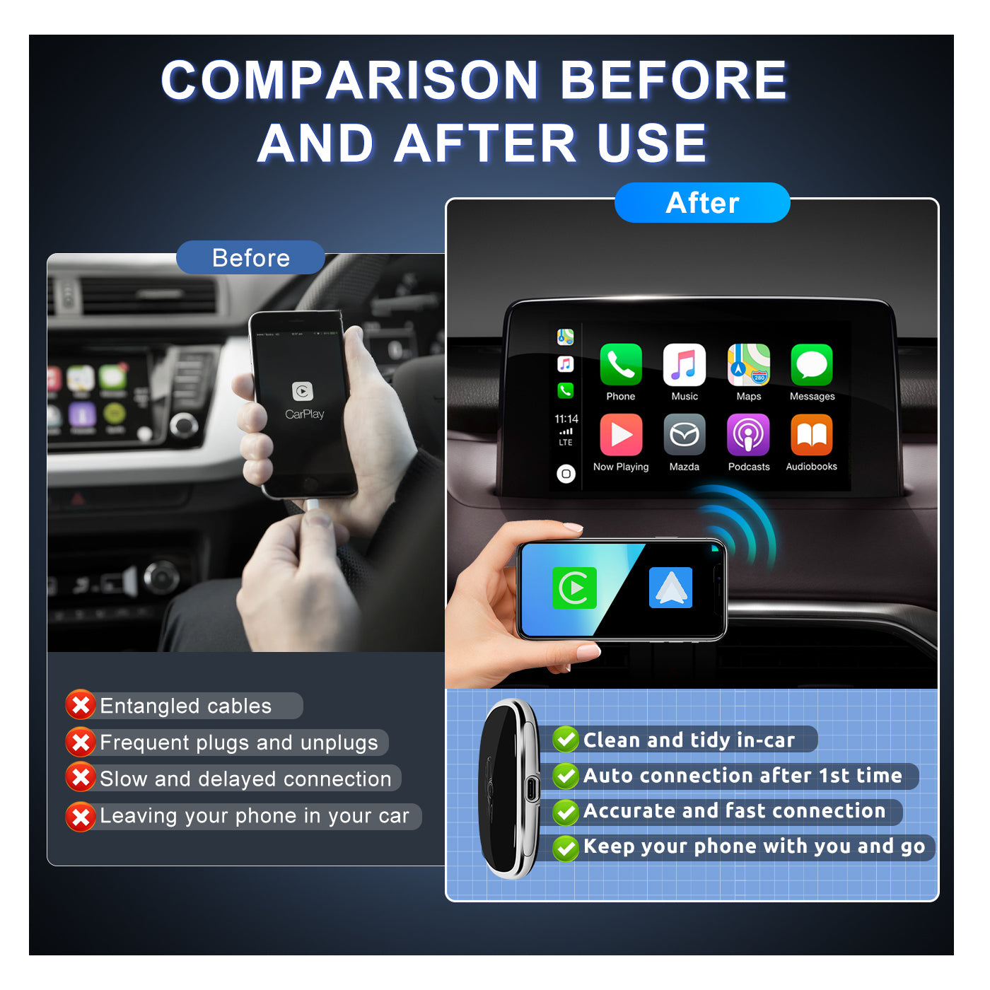 Podofo 2023 Wireless CarPlay Adapter for iOS & Android, 3-in-1, Multimedia Video, Netflix//PrimeVideo/PlayStore