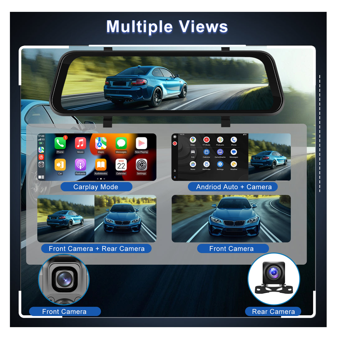 Mirror Dash Cam Wireless CarPlay & Android Auto, 11.26 Dash Cam Front and  Rear Backup Camera Rear View Mirror Smart Screen for Cars & Trucks Night