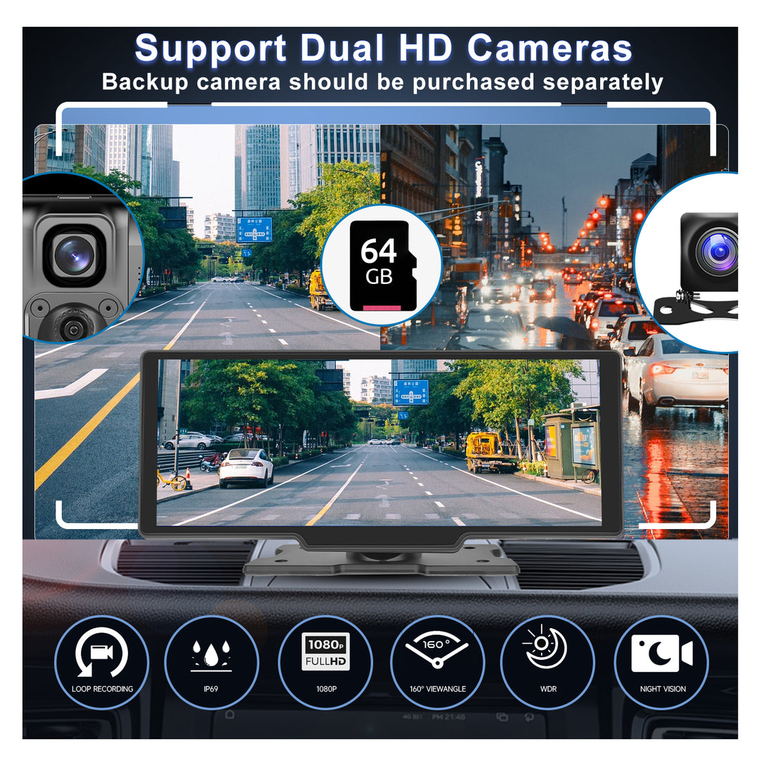 Podofo Dashcam Voiture 9.66'' Touscreen Carplay Android Auto sans Fil  Système à Double Caméra Bluetooth DVR WDR avec Carte SD 64G avec Caméra de  Recul Vision Nocturne AUX FM émetteur 7-32V 