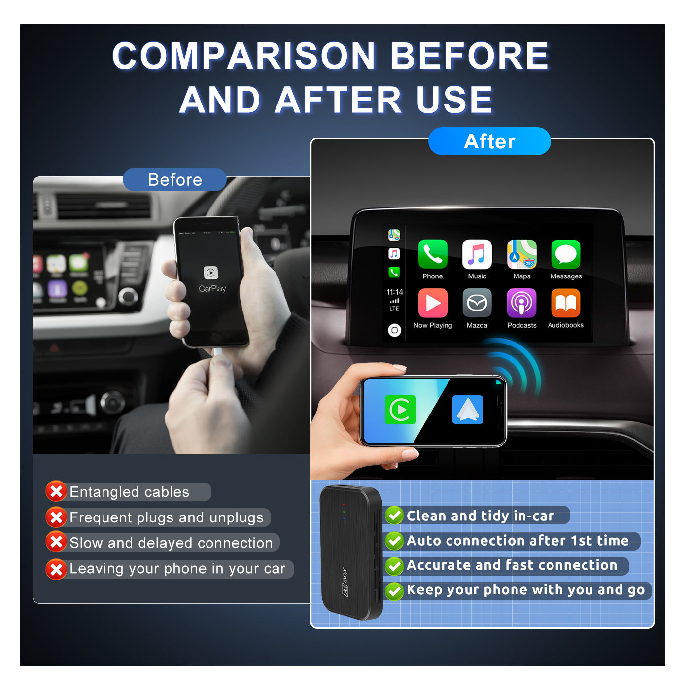 PODOFO 3-in-1 Wireless Carplay Adapter with Android 10, Convert Wired