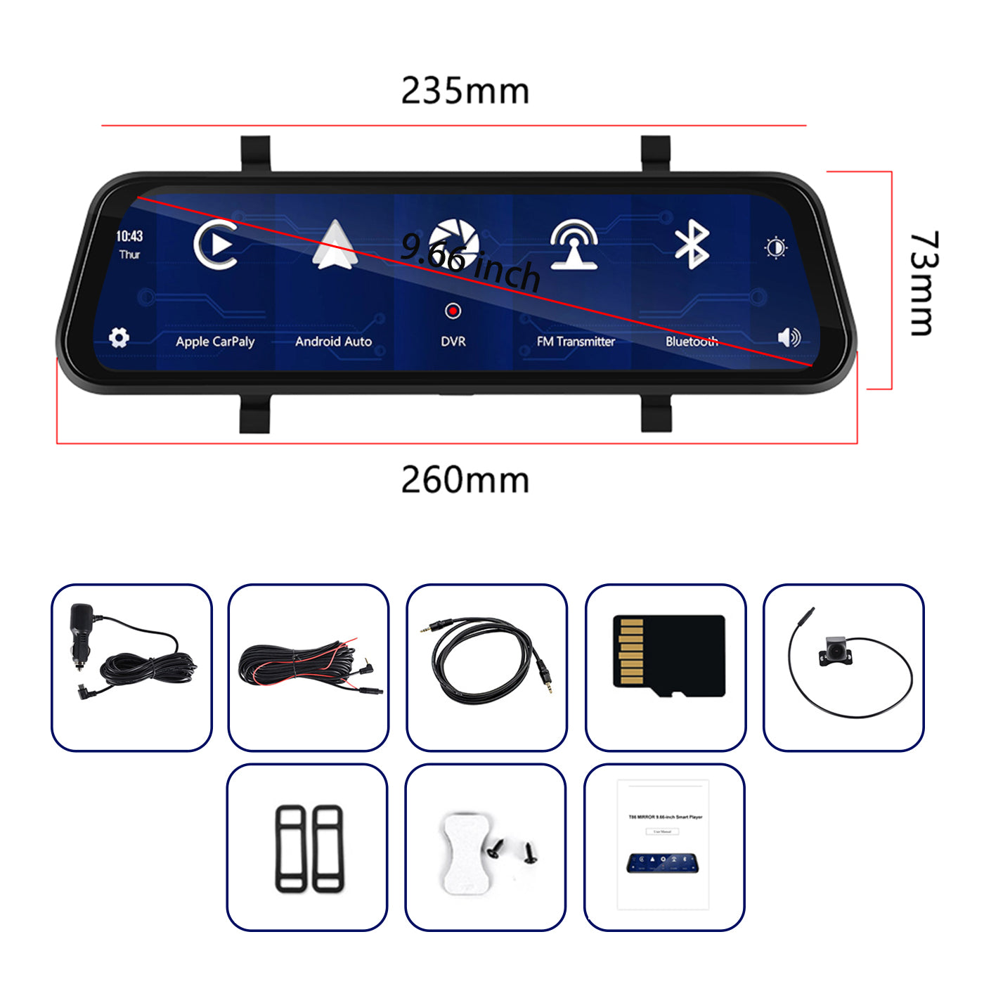 Podofo Telecamera per Auto 9.66'' Carplay Android Auto Senza Fili Sistema a  Doppia Telecamera Bluetooth WDR Registrazione in Loop con Scheda SD 64G con  Notturna AUX Trasmettitore FM 7-32V : : Elettronica