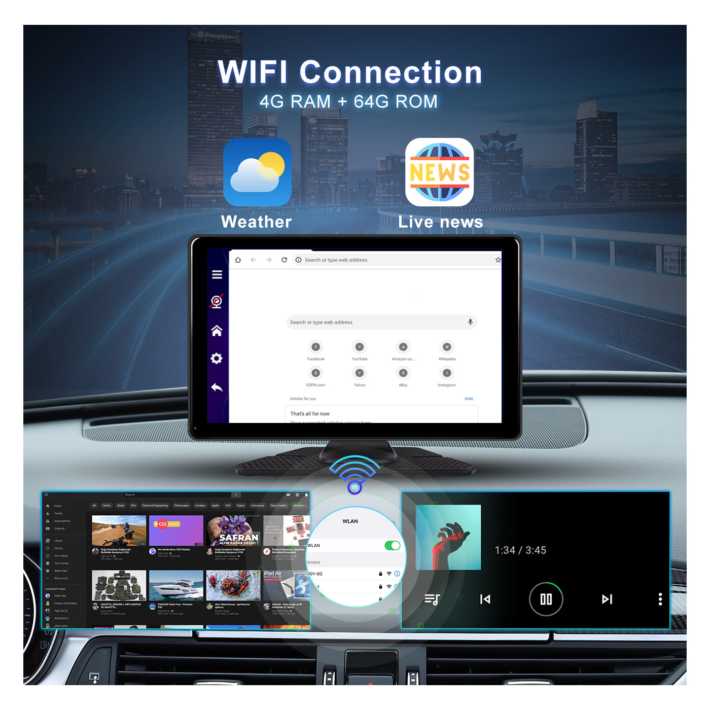 PODOFO 9 Inches 4G+64G Android 13.0 Portable Wireless Carplay Screen C