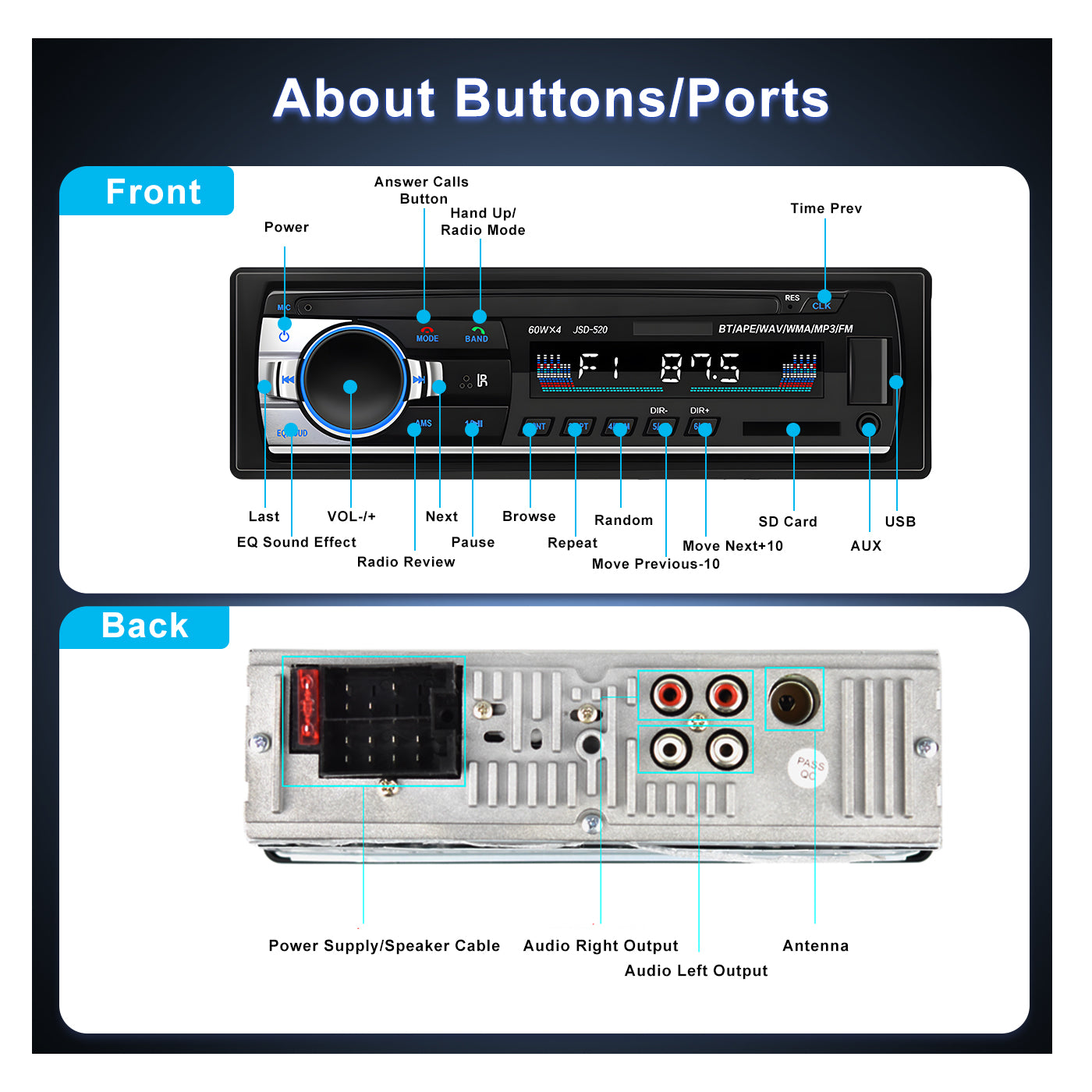 Autoradio per auto Bluetooth 60W x 4 stereo JSD-520 TF/USB/SD AUX