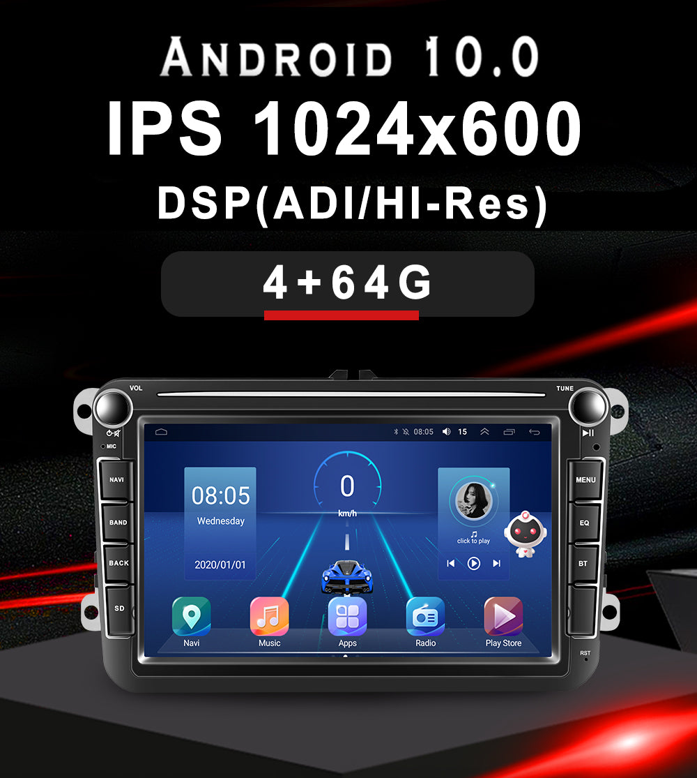 Podofo Android 10 Car Radio 8G+128G WIFI 4G 8 Cores Ai Voice